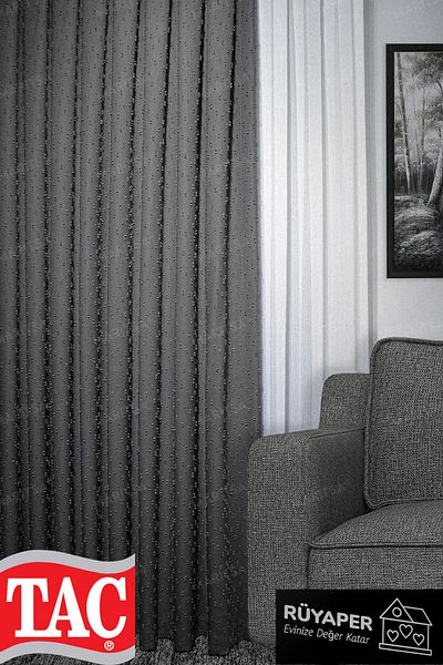 Taç Anthracite Color Dream Linen Series Pompom Pattern Background Curtain Close Pleat Single Wing