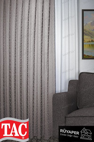 Taç Beige Color Background Curtain Pleated Pompom Series Linen Curtain