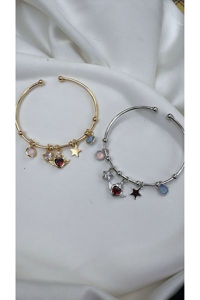 ÖNKÜTAKI Gold&Silver Color Star Heart Steel Charm Bracelet