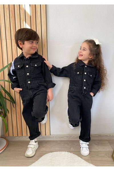 Karan Kids New Season Unisex Kids Black Denim Jumpsuit