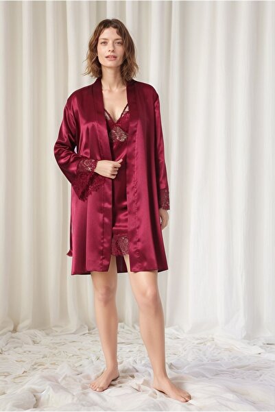 QKK Μπορντό Σατέν Νυφικό Σετ Προίκας 6 τεμαχίων - Ρόμπα, Νυχτικό και Σετ Πιτζ...
