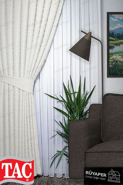 Taç Dream Linen Series Grammage Pompom Pattern Cream Color Background Curtain Frequent Pleat Single Wing