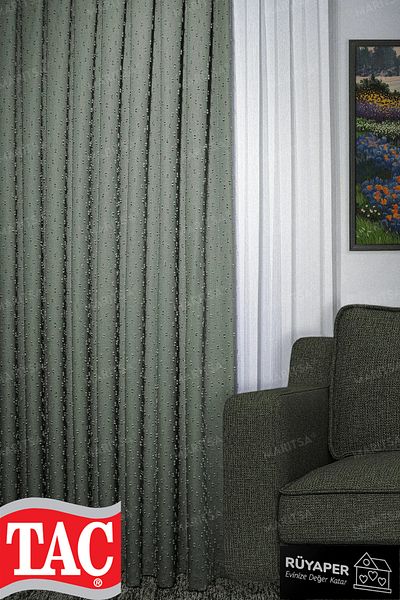 Taç Dream Linen Series Grammage Pompom Pattern Green Color Background Curtain Frequent Pleat Single Wing