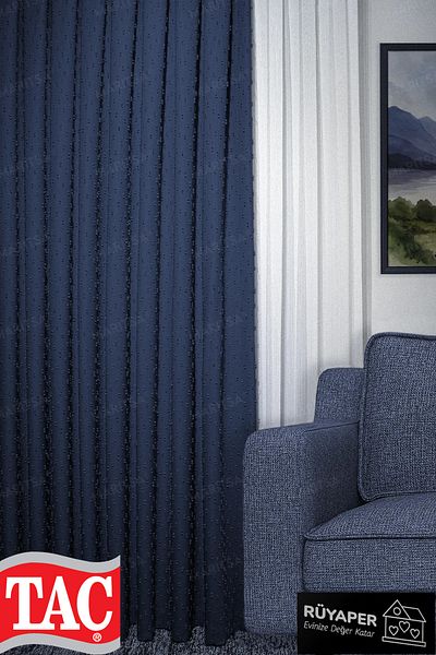 Taç Navy Blue Dream Linen Series Pompom Pattern Photo Curtain Frequent Pleat Single Wing