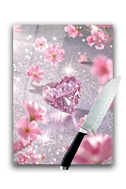 home dekors Glass Cutting Board Chopping Board Pink Heart and Flower Dowry Gi...