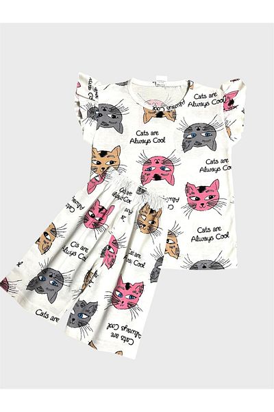 ALİŞ KİDS Girl's Cotton White Cat Patterned Short Sleeve Shorts Summer Pajama Set