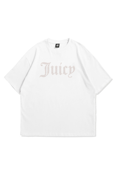 3 ROPE Tricou oversize cu imprimeu cu strasuri Juicy, alb