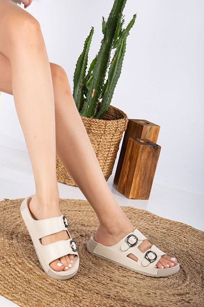 SUNSTEP Mulex Γυναικεία Κρεμ αγκράφα, Κομψά, Δερμάτινα Casual Μαύρα Σανδάλια/Παντόφλες