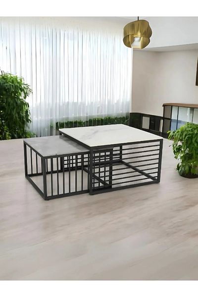 Orient Luxury Modern Nesting Coffee Table Set Marble Top & Metal Frame (2-Piece Set)