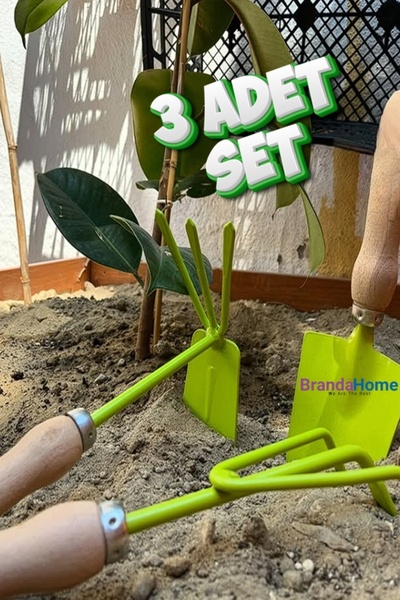 brandahome Bahçe Balkon Tipi Ahşap Saplı Çelik Kürek Çapa Tırmık 3'lü Bahçe Bakım Toprak Seti Takımı