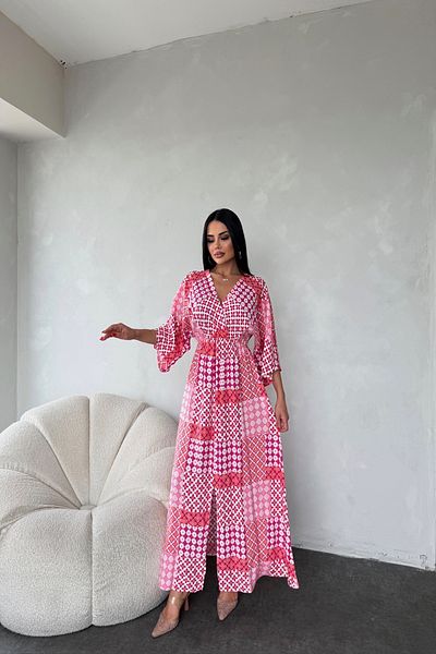 LİLA İSTANBUL Double Breasted Neck Ethnic Print Tie Waist Summer Dress