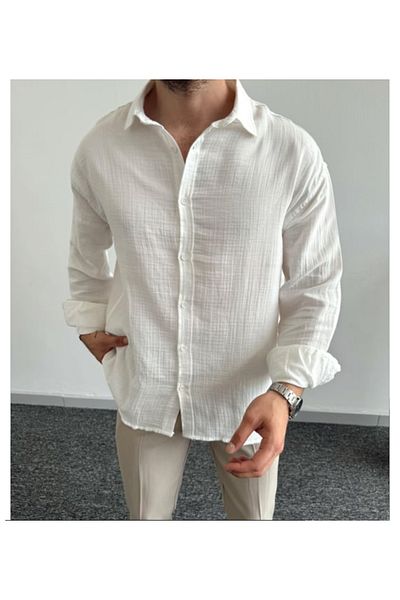 ESNOA Men's Pocketless Regular Fit Muslin Shirt