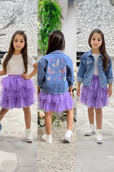 Minigimin Cicileri Purple My Little Girl's Flowers and Butterfly Embroidered Tutu Skirt Set