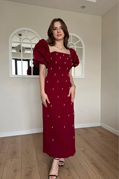 Afiş Butik İnci İşlemeli Balon Kollu Uzun Gece Elbisesi