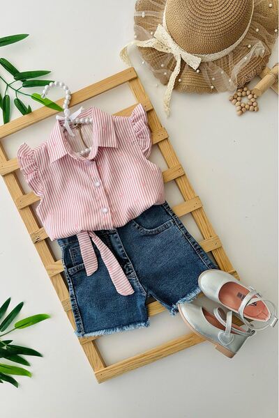 Minigimin Cicileri Miniğimin Cicileri Kalp Baskılı Gömlekli Kot Şortlu Kız Ço...