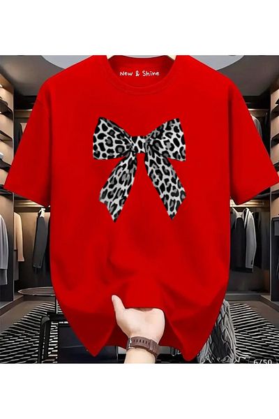 New Shine 1 T-Shirt Is a Gift for Purchases of 6 or More in the Cart - Bow Leopard Printed Oversize T-Shirt