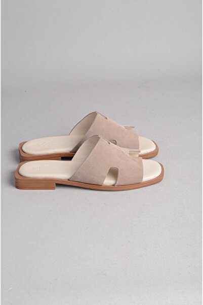 SEÇ KUNDURA Seç 8012 Genuine Leather Women's Slippers Beige Suede