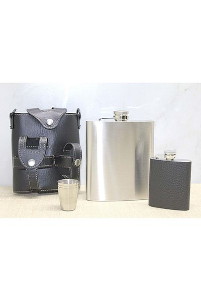 hediyeconcepti Stainless Steel Portable Flask Set with Leather Bag