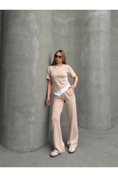 sportiness Asymmetric Top Zero Collar Button Detail Wide Leg Modal Fabric Tracksuit Set
