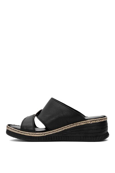 Mammamia Women's Black Genuine Leather Wedge Heel Slippers D25Yt-1265