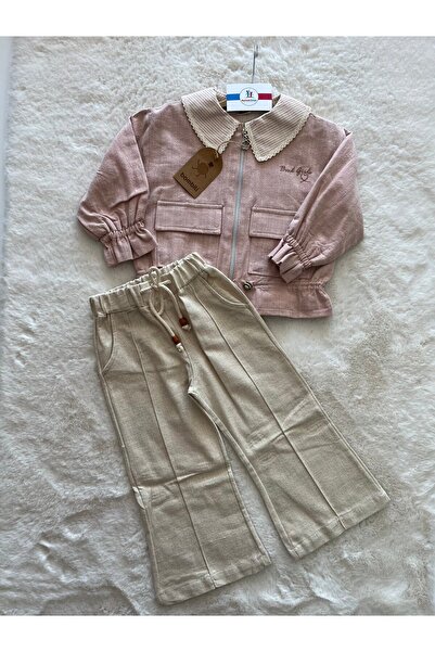 Bombili Keten Ceket  Pantolonlu Üçlü Kız Takım