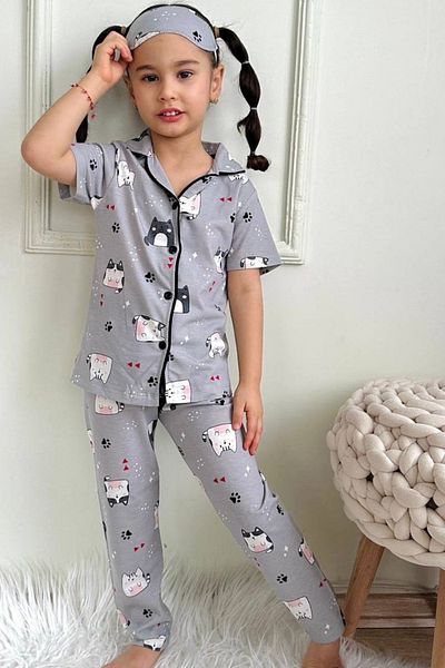 EQRU Cat Pattern Girl's Shirt Collar Button Short Sleeve Summer Pajama Set
