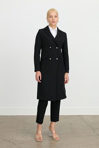 Nihan Double Breasted Closure Long Blazer Jacket Black
