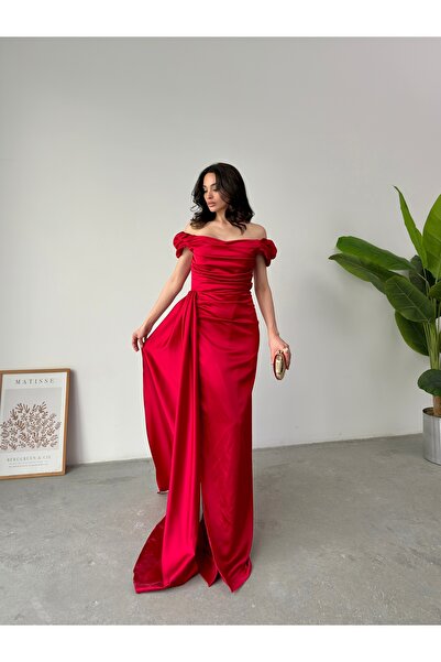 Serica Moda Düşük Omuz Drapeli Abiye Elbise