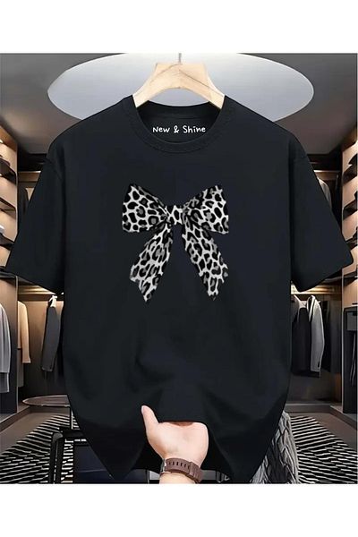 New Shine 1 μπλουζάκι δώρο για αγορές 6 και άνω στο καλάθι - Μπλουζάκι μεγάλου μεγέθους με στάμπα με φιόγκο Leopard