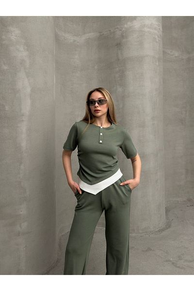 sportiness Asymmetric Top Zero Collar Button Detail Wide Leg Modal Fabric Tracksuit Set