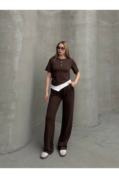 sportiness Asymmetric Top Zero Collar Button Detail Wide Leg Modal Fabric Tracksuit Set