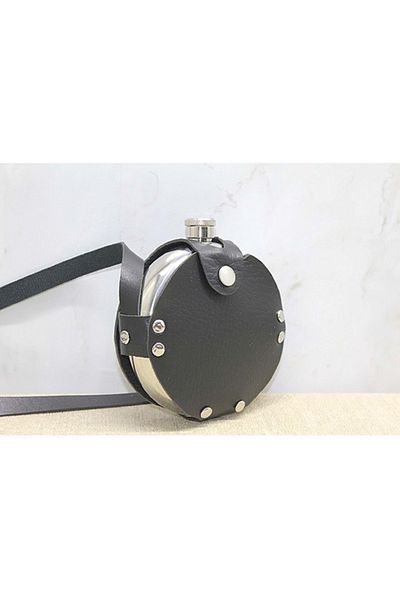 hediyeconcepti Portable Round Flask with Leather Case and Stainless Steel Strap