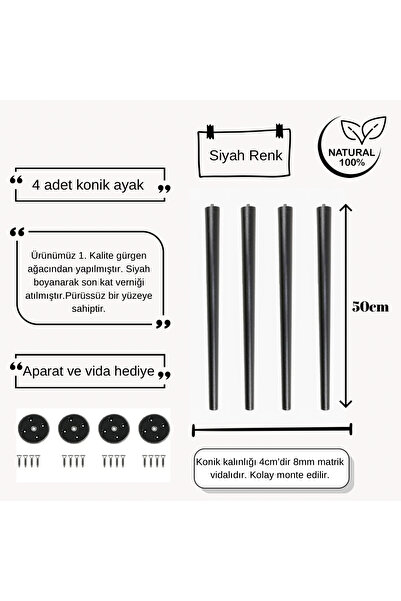 Trihome 50cm 4adet Ahşap Konik Ayak Vernikli Boyalı Sehpa Ayağı Tv Ünite Ayağı