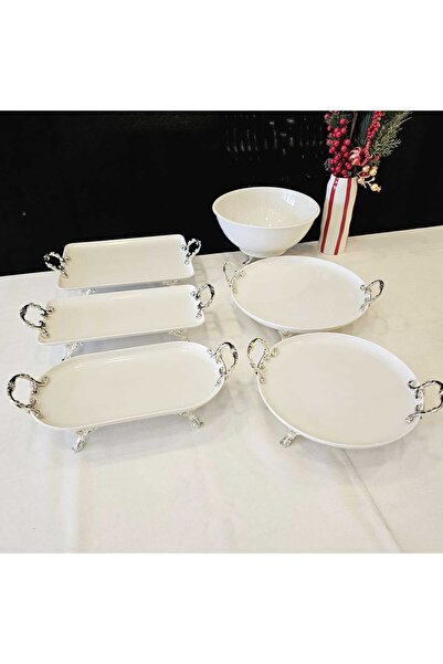 MaviDamla Footed Porcelain Presentation and Serving Set with Handles 11 Pieces Silver