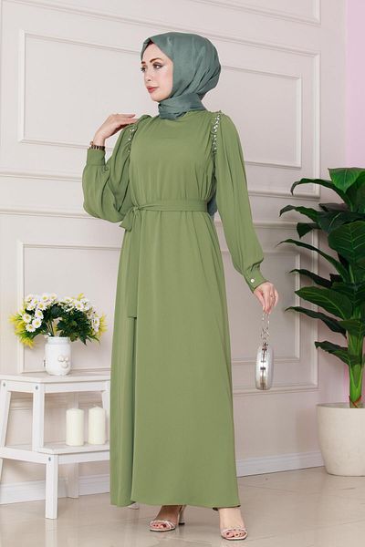 Sevitli Rose Dress with Stone Detail on the Shoulder-Pistachio Green