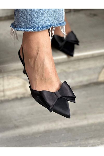 Atelierby DS Black Satin Bow Detailed 7 cm Women's Stylish Heeled Shoes