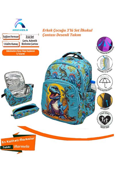 Bevitton Boy's Primary Schoolbag Dinosaur Patterned Set of 3 Primary Schoolbag