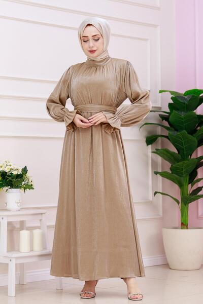 Sevitli Glitter Alya Evening Dress with Flounces on the Sleeve - Mink