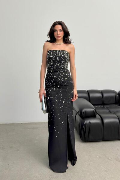 Serica Moda Rochie de seară fără bretele brodate cu piatră neagră