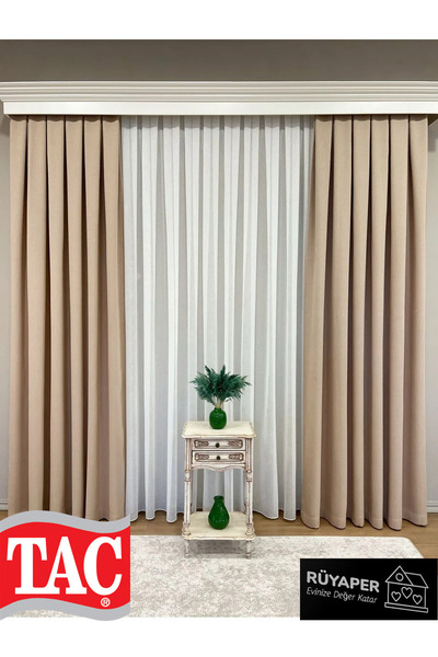 Taç Dreamper Cappuccino Color Linen Blackout Blackout Hotel Style Background Curtain with Frequent Pleats (Single Wing)
