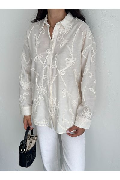 sportiness Embroidered Flowers Raw Linen Shirt