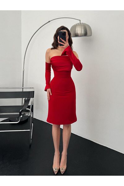 Serica Moda Red Satin Sleeve Detailed Midi Evening Dress