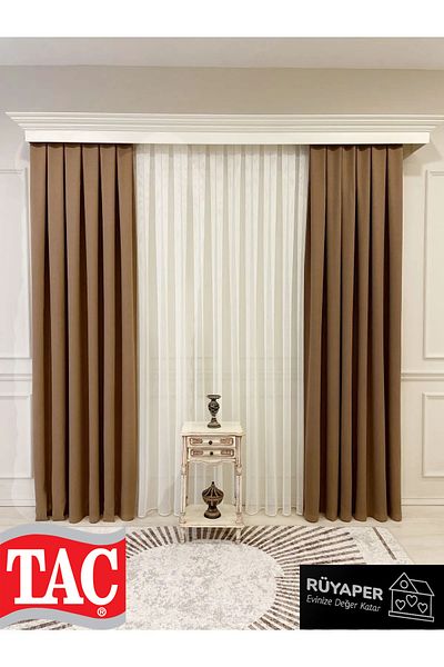 Taç Dreamper Brown Linen Blackout Blackout Hotel Style Background Curtain with Tight Pleats (Single Wing)