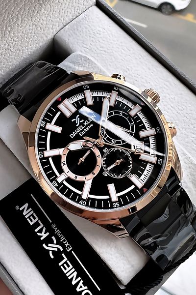 Daniel Klein 3 Atm Waterproof Men's Wristwatch - Black with Steel Cord and Bracelet Gift DKE2089C5