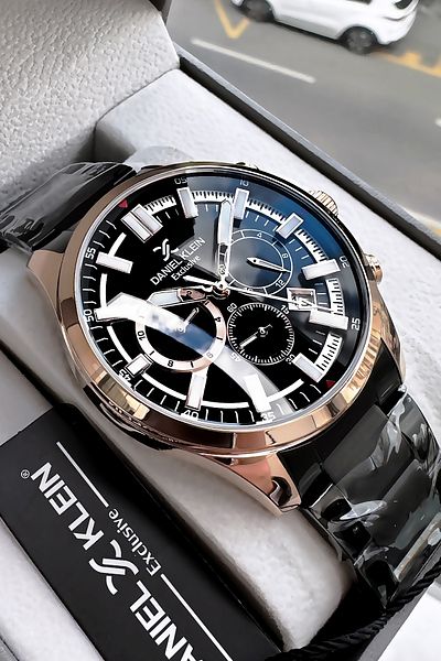 Daniel Klein 3 Atm Waterproof Men's Wristwatch - Black with Steel Cord and Bracelet Gift DKE2089C5