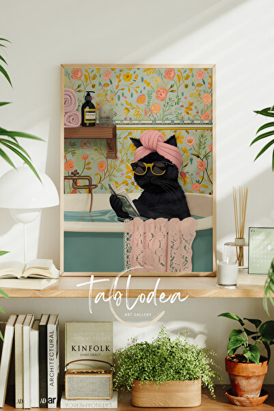 tablodea Tablou cu pisică în baie, cu ramă, Tablou decorativ modern abstract ...