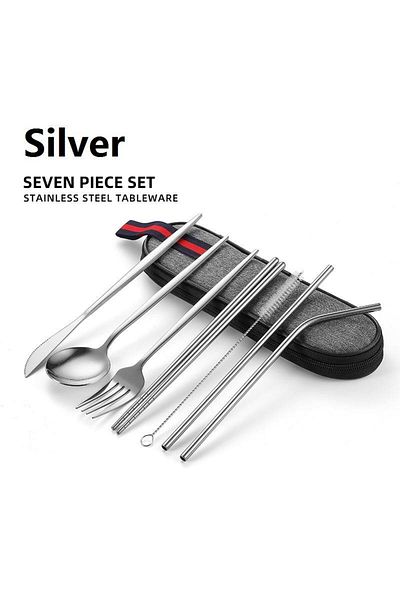valkyrie Journey Cutlery Set with Bag: 8 Pieces Knife Spoon Straw Chopstick, Office Holiday Rusty