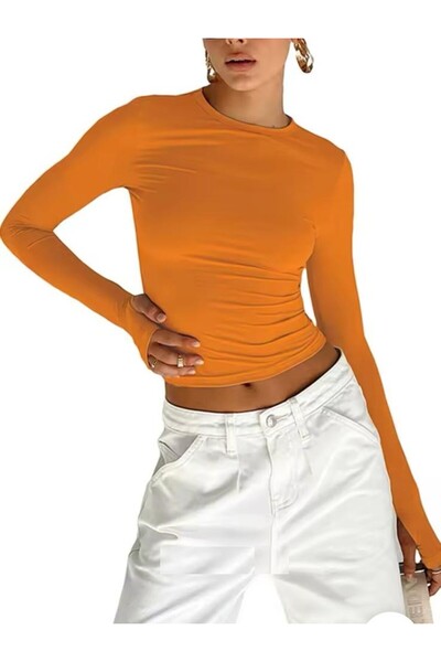 Transacoustic Πορτοκαλί μπλούζα με λαιμόκοψη, βασικό μακρυμάνικο σχέδιο με λε...