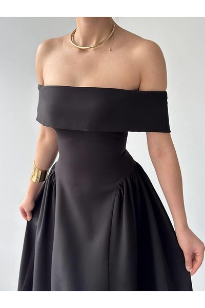Julishop Rochie lungă cu corset gros plisat cu guler Madonna neagră