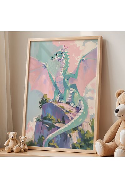 HİGUERA Temă prințesă - Povestea Țării și Dragonului Camera pentru fete Pictură murală cu cadru din lemn